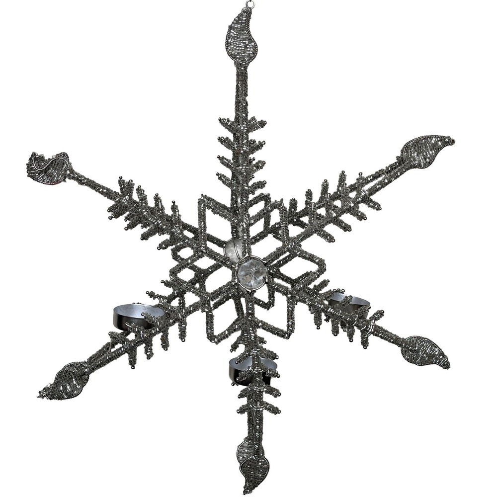 Beaded Silver Snowflake Candelabra Tealight‎ Holder Hanging Christmas Winter